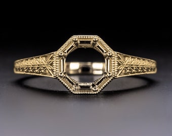 Art Deco Engraved Sem Mount Round Stone 6.0 6.5Mm Vintage Setting 14K Ring Deco (MTO 6415-YG)