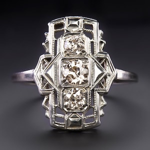 Vintage Diamond Cocktail Ring Art Deco Geometric 14K White Gold Old European Cut