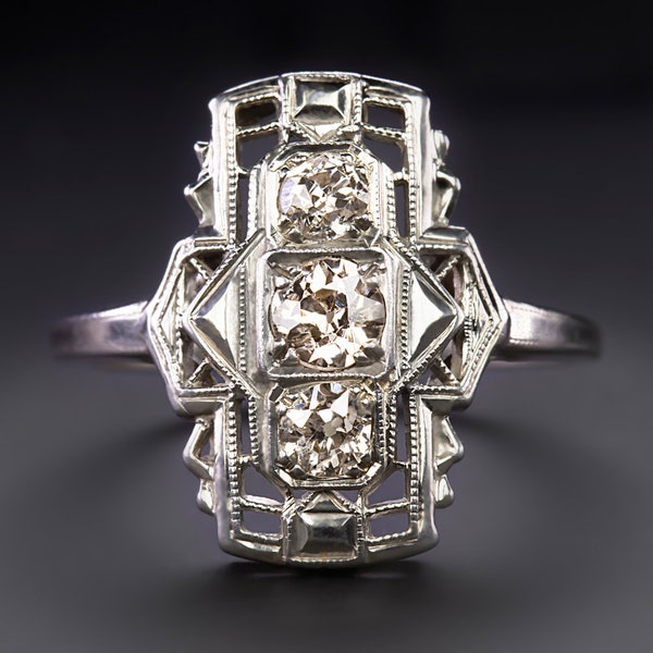 Vintage Diamond Cocktail Ring Art Deco Geometric 14K White Gold Old European Cut (19250)