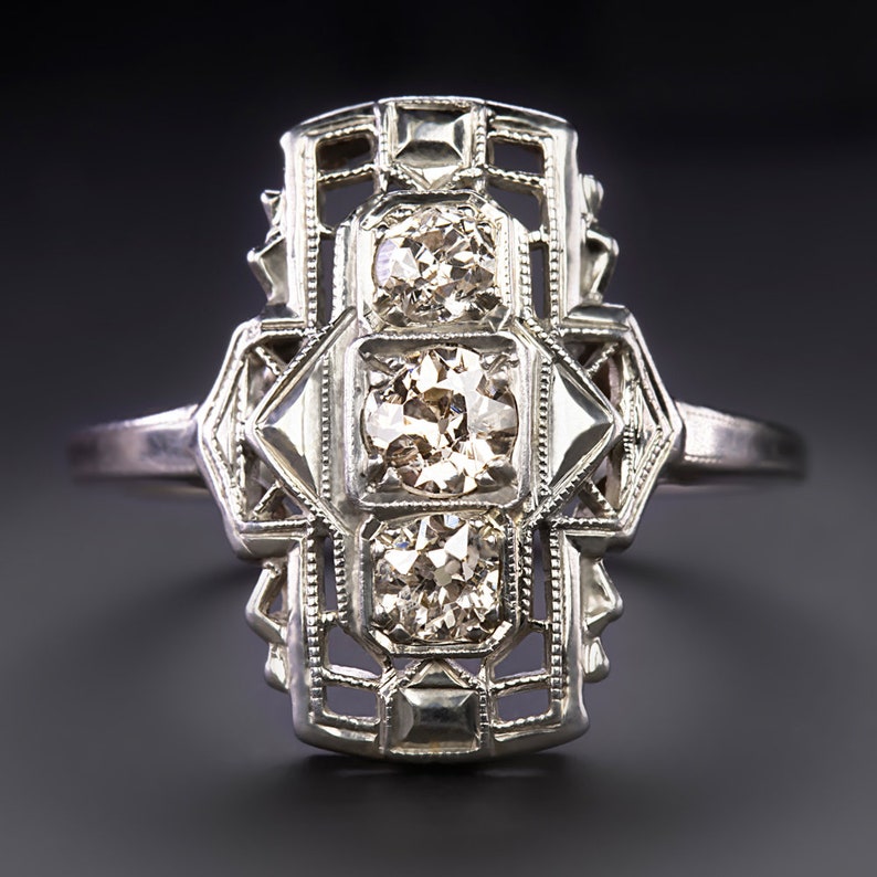 Vintage Diamond Cocktail Ring Art Deco Geometric 14K White Gold Old European Cut