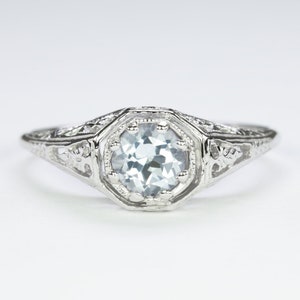 Aquamarine Sterling Silver Ring Vintage Style Round Gemstone Filigree Solitaire (18271-AQ)
