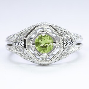 Peridot Sterling Silver Ring Vintage Style Solitaire Filigree Round Art Deco (18300-PR)