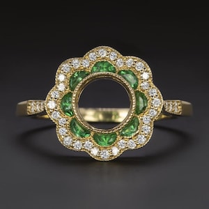 Diamond Emerald Flower Halo Ring Setting 6Mm Mount Vintage Style Yellow Gold (9917B-YGEM)