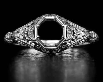 Art Deco Style Platinum Engagement Ring Setting Floral Mount Engraved Round 6Mm (MTO-6422a-PT)