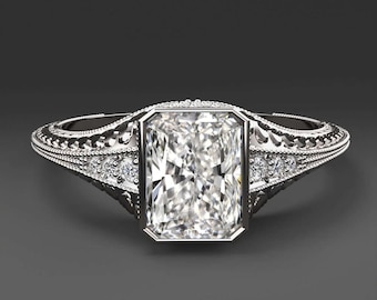 1.5Ct Gia Certified Diamond Engagement Ring Radiant Cut Vintage Style White Gold (MTO-15015-7535)