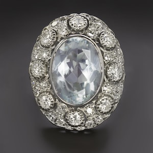 Vintage Aquamarine Diamond Cocktail Ring Platinum Oval Halo Natural Handmade (20155)
