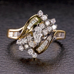Natural Diamond Cocktail Ring Bypass 14K Yellow Gold 1 Carat 7 Gram Statement (11011)