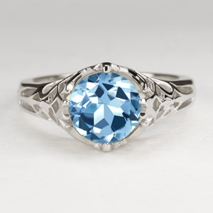 Swiss Blue Topaz Sterling Silver Ring Vintage Style Solitaire Art Deco Filigree (18283-SWBT)
