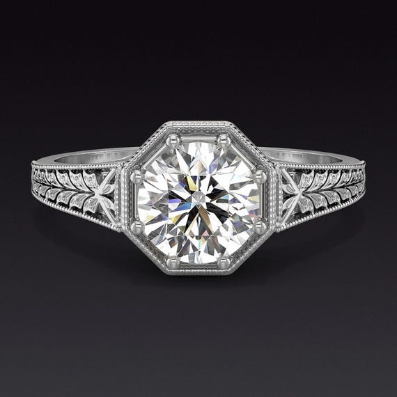Art Deco Engraved Sem Mount Round Stone 6.0 6.5mm Vintage Style
