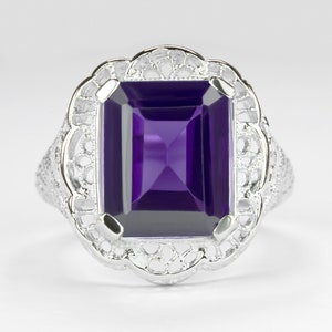Amethyst Sterling Silver Ring Vintage Style Filigree Art Deco Emerald Cut Purple (18273-AM)