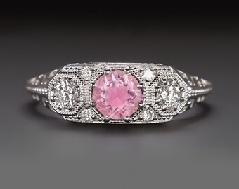 Vintage stijl roze toermalijn diamant 3 stenen ring 10K goud natuurlijke art-deco (MTO-4467-PTOUR-10k)