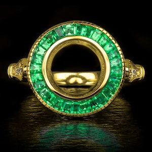 Vintage Diamond Emerald Engagement Ring Setting Round 7.5 Yellow Gold Semi Mount (5030b-YGEM)