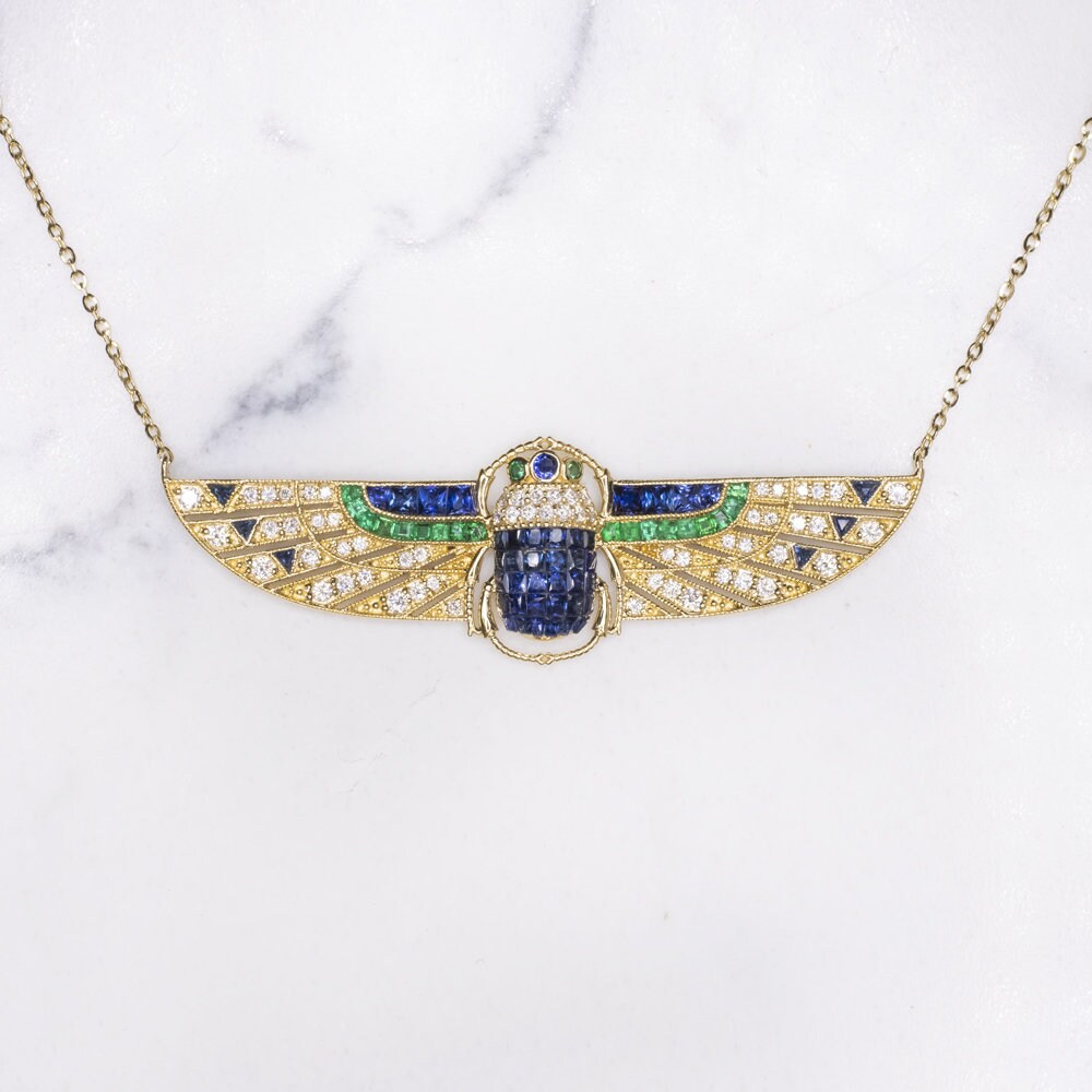 Art Deco Style Scarab Necklace Diamond Sapphire Emerald 14K Etsy UK