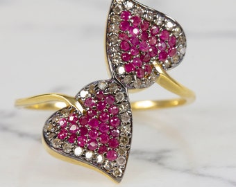 Natural Ruby Pave Diamond Cocktail Ring Leaf Shape Botanical Red Boho Style Bypass Statement (15573-RB)