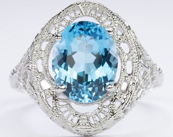 London Blue Topaz Sterling Silver Ring Vintage Style Oval Cut Gemstone Filigree (18266-LONBT)