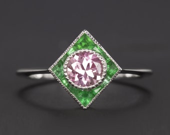 Pink Tourmaline Emerald Cocktail Ring Halo 14K White Gold Vintage Style Art Deco (20776-16250-EM-5.0)