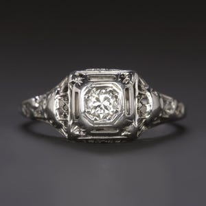 Art Deco Diamant Solitärring alten European Cut 18K Weißgold filigran Vintage (22547)