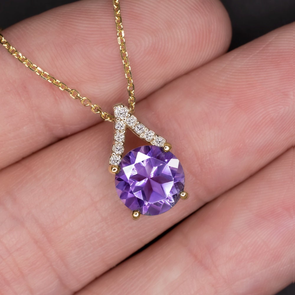 Amethyst Natural Diamond Pendant 14K 