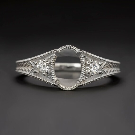 Vintage Style Diamond Ring Setting Oval Shape Semi Mount 14K White
