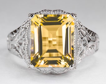 Citrine Sterling Silver Vintage Style Ring Art Deco Emerald Cut Solitaire Yellow (18281-CT)