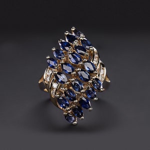 Sapphire Diamond Cocktail Ring 3Ct Cluster Statement Natural 14K Yellow Gold (17642)