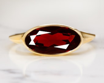Moval Red Garnet 14K Yellow Gold Ring East West Bezel Oval Marquise Shape Solitaire Signet Vintage Style (MTO-14423)