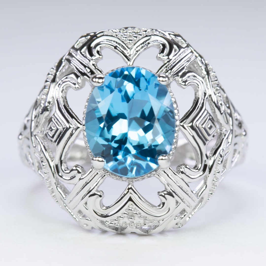 Swiss Blue Topaz Sterling Silver Ring Vintage Style Oval Shape Gemstone ...