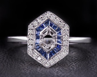 Natural Diamond Sapphire Vintage Semi-Mount Engagement Ring Setting 14K Art Deco (11664-BS)