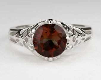 Garnet Sterling Silver Ring Vintage Style Solitaire Art Deco Filigree Red Round (18283-GAR)