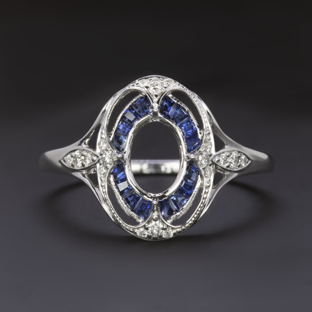 Sapphire Diamond Oval Engagement Ring Setting Vintage Style Halo Target ...