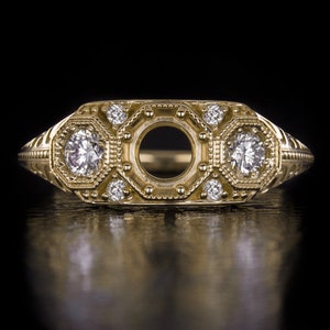 Diamond 5Mm Round Vintage Engagement Ring Setting Yellow Gold 3 Stone Semi Mount (MTO 4467-YG)