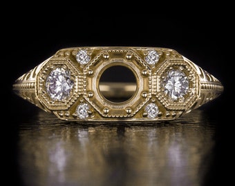 Diamond 5Mm Round Vintage Engagement Ring Setting Yellow Gold 3 Stone Semi Mount (MTO 4467-YG)