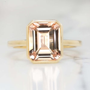 3.4Ct Emerald Cut Morganite Solitaire Ring Bezel 14K Yellow Gold Pink Natural Cocktail Engagement (16670)