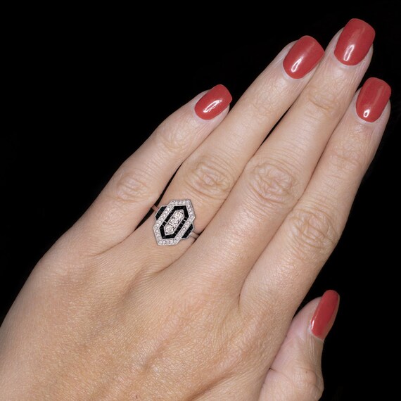 Diamond Onyx Vintage Style Ring Art Deco Geometric Cocktail