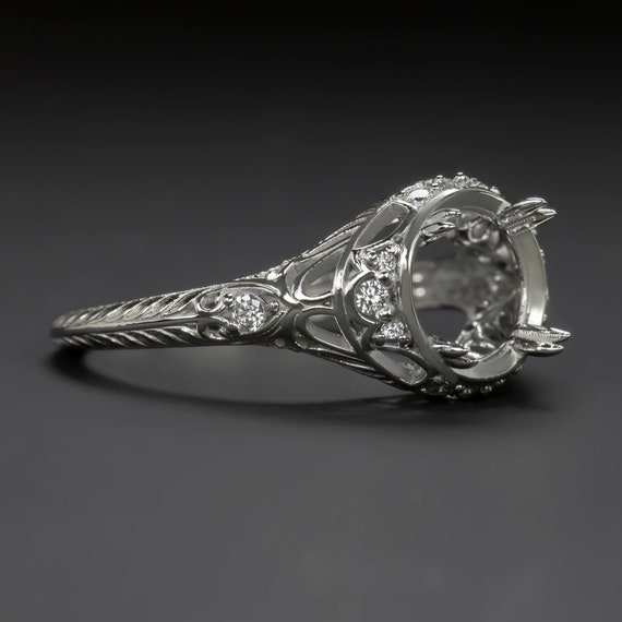 Diamond 7.5mm Round Engagement Ring Setting Vintage Filigree Mount
