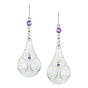 Amethyst Filigree Earrings Sterling Silver Dangle Teardrop Vintage Style Purple (18308-AM)