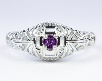 Amethyst Vintage Style Cocktail Ring Sterling Silver Dainty Filigree Round Cut (18299-AM)