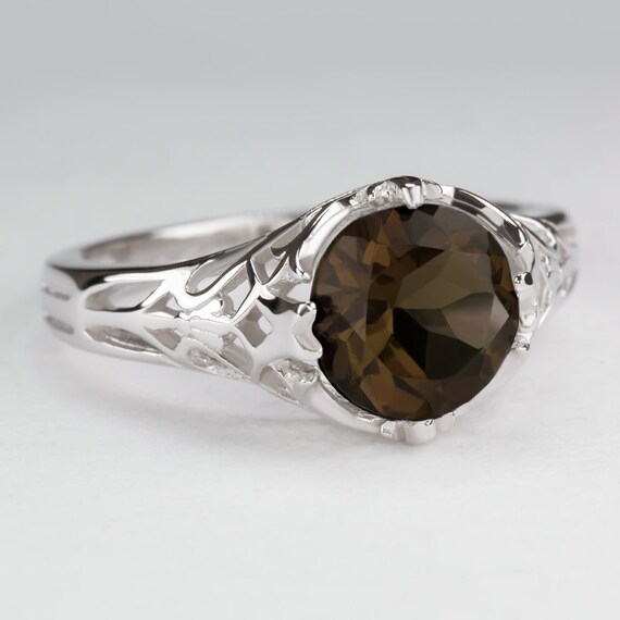 Smoky Quartz Sterling Silver Ring Vintage Style Solitaire