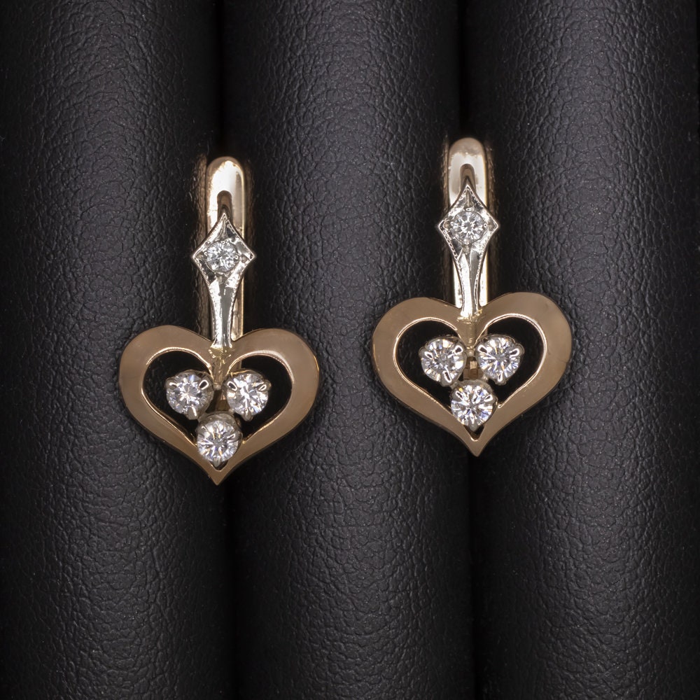 Mid Century Vintage Diamond Earrings Heart Shape 14K Rose Gold Soviet Estate (20693)