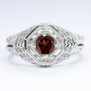 Garnet Sterling Silver Ring Vintage Style Solitaire Filigree Round Cut Art Deco (18300-GAR)