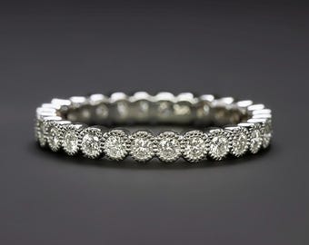 Anillo de boda con diamante natural de 0,56 quilates, banda de oro blanco de 14 quilates, engaste milgrain, diseño de eternidad (MTO-21833-1.7-FULL)
