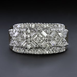 Diamond Cocktail Ring Wide Cluster Band 3/4Ct 14K Two Tone Gold Round Baguette (17645)