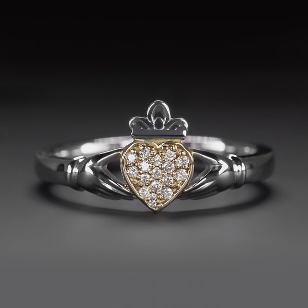 Pave Diamond Claddagh Ring Platinum Yellow Gold Traditional Irish Heart Crown (19890)