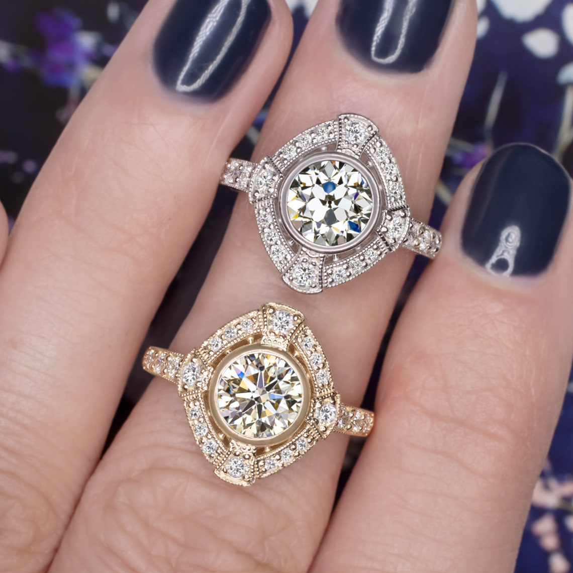 Diamond 14k White Gold Ring Setting 7mm Round Cut Vintage Etsy