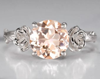 Morganite Platinum Ring Branch Flower Rustic Organic Pink Peach Round Cut (MTO-12172-MORG-PT)
