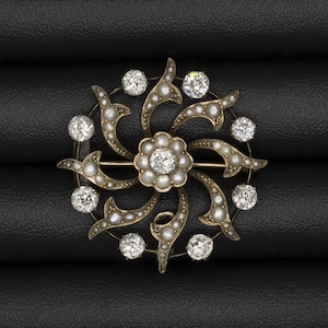 2.30C Old Mine Cut Diamond Pearl Pin Antique Art Nouveau 14K Yellow Gold Pendant (20604)