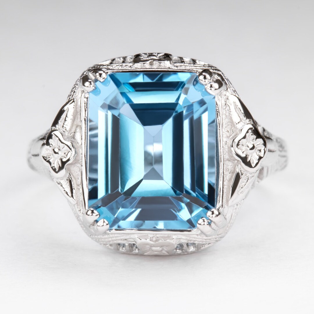 Swiss Blue Topaz Sterling Silver Vintage Style Ring Deco Emerald Cut ...