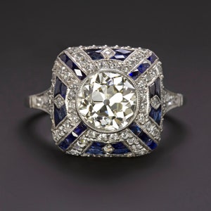 2.5ct Old European Cut Diamond Vintage Engagement Ring Sapphire Platinum Art Deco Natural Sapphire (16766)