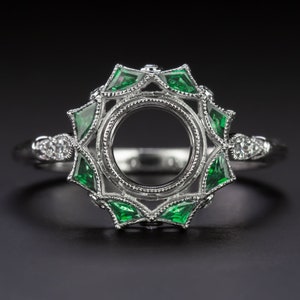 Emerald Diamond Vintage Semi Mount Antique Style Halo White Gold Setting Ring (9913-EM)