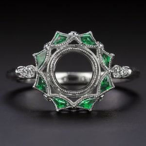 Emerald Diamond Vintage Style Semi Mount Ring Halo White Gold Setting Calibre (9913-EM)